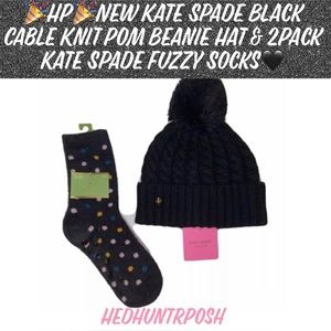 🎉HP🎉New Kate Spade Black CableKnit Pom Beanie Hat & 2Pk KateSpade FuzzySocks🖤